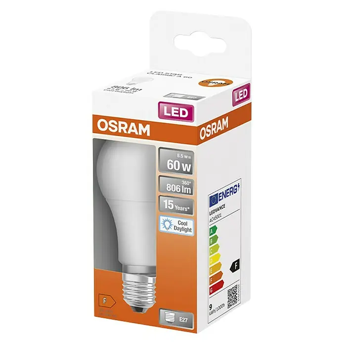 Osram Star LED-Lampe Glühlampenform E27 matt - E27, Nicht Dimmbar, Tageslichtweiß, 806 lm, 8,5 W - Ein LED-Leuchtmittel von Osram in einer Verpackung, das 8,5 W verbraucht und 60 W entspricht, mit einer Lebensdauer von 15 Jahren.