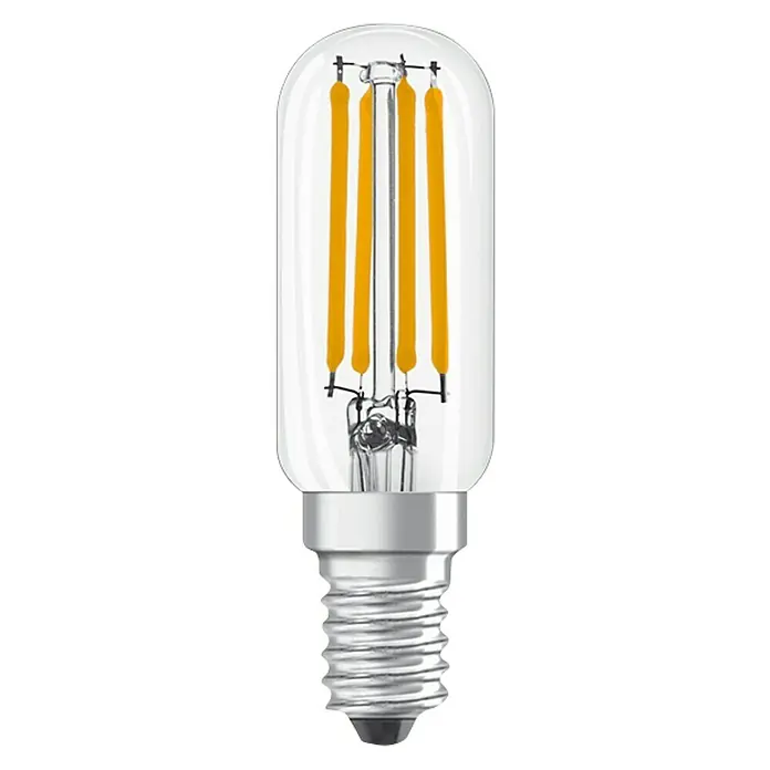 Osram Bombilla LED Special T26 - E14, No regulable, Blanco cálido, 470 lm, 4 W - Esta imagen muestra una bombilla LED alargada con una cubierta de vidrio transparente y una base plateada. Tiene cuatro filamentos amarillos en su interior.