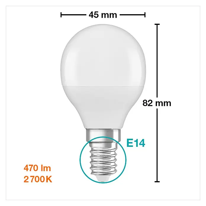 Osram LED-Lampen Set Tropfenform E14 matt - E14, Nicht Dimmbar, Warmweiß, 470 lm, 5,7 W - Eine Nahaufnahme einer LED-Glühbirne mit E14-Sockel, die ihre Abmessungen (45 mm Breite, 82 mm Höhe) und Lichtleistung (470 lm, 2700 K) zeigt.