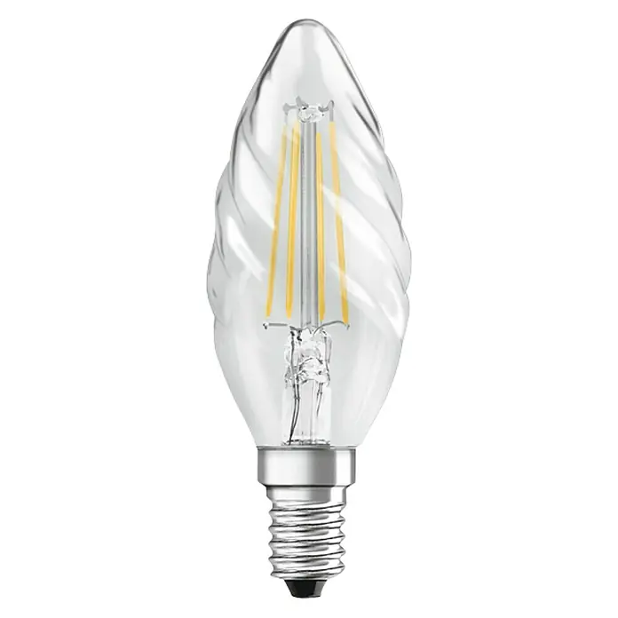 Osram Bombilla LED Retrofit Classic BW - E14, No regulable, Blanco cálido, 470 lm, 4 W - Imagen de una bombilla de filamento LED en forma de vela con cuerpo de vidrio espiral transparente y base plateada sobre fondo negro.