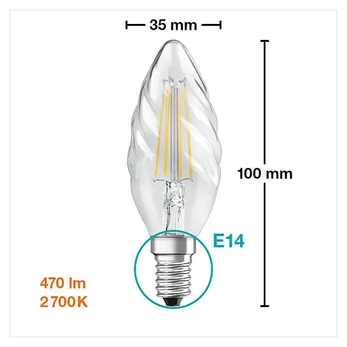 Osram Bombilla LED Retrofit Classic BW - E14, No regulable, Blanco cálido, 470 lm, 4 W - Imagen de una bombilla LED E14 en forma de vela con 470 lúmenes y 2700K, creando un ambiente cálido y acogedor.