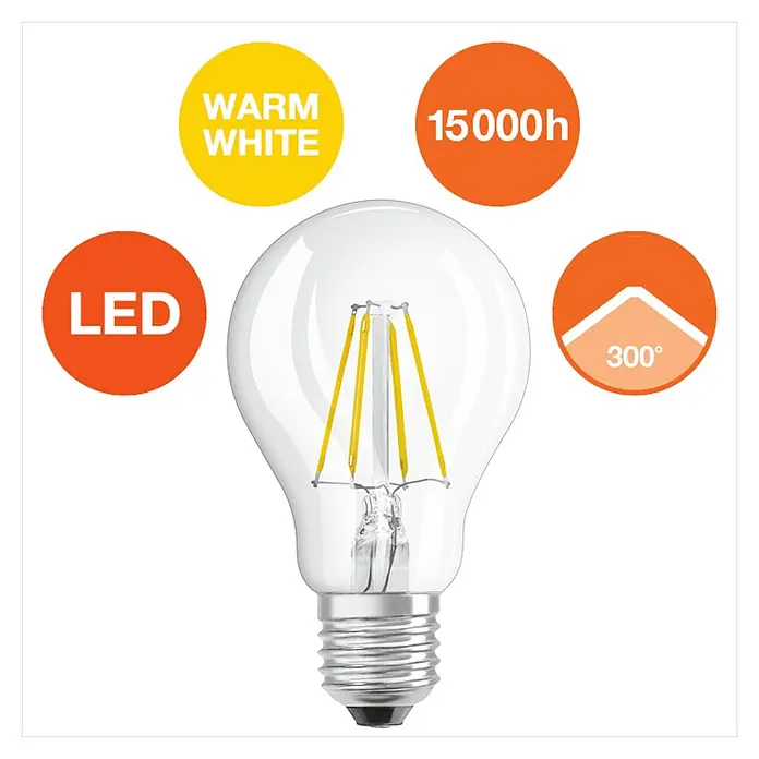 Osram Star LED-Lampen Set Glühlampenform E27 klar 2er Pack - E27, Nicht Dimmbar, Warmweiß, 470 lm, 4 W - Ein klares LED-Leuchtmittel mit Filamenten und zusätzlichen Informationen zu warmweißem Licht, langer Lebensdauer und breitem Abstrahlwinkel.
