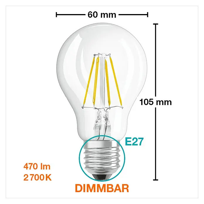 Osram Bombilla LED Retrofit Classic A - E27, Intensidad regulable, Blanco cálido, 470 lm, 4,5 W - Imagen de una bombilla de filamento LED E27 transparente con dimensiones de 60 mm de ancho y 105 mm de alto. 470 lm, 2700 K, regulable.