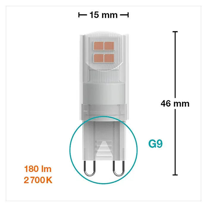 Osram LED-Lampe Pin G9 - G9, Nicht Dimmbar, Warmweiß, 180 lm, 19 W - Produktbild einer G9 LED-Lampe mit Abmessungen und technischen Daten.
