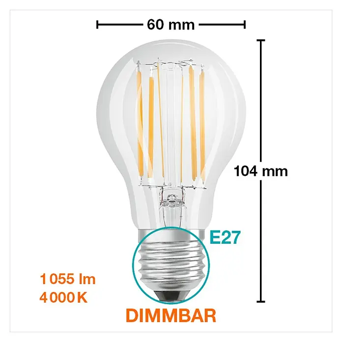 Osram Retrofit LED-Leuchtmittel Glühlampenform E27 matt - E27, Dimmbar, Kaltweiß, 1.055 lm, 9 W - Abbildung einer E27 LED Lampe, dimmbar, mit 1055 Lumen und 4000K Farbtemperatur, Abmessungen 60 mm breit und 104 mm hoch.