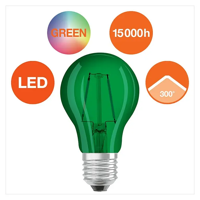 Osram Star LED-Lampe Glühlampenform E27 matt - E27, Nicht Dimmbar, Grün, 45 lm, 2,5 W, Farbe: Grün - Grünes LED-Leuchtmittel mit 15000h Lebensdauer und 300° Abstrahlwinkel für farbenfrohe Beleuchtung.