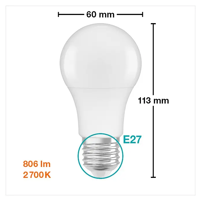 Osram Star Bombilla LED Classic A 60 - E27, No regulable, Blanco cálido, 806 lm, 8,5 W - Imagen del producto de una bombilla LED E27 con unas dimensiones de 60 mm de diámetro y 113 mm de altura, así como una intensidad luminosa de 806 lm y una temperatura de color de 2700 K.