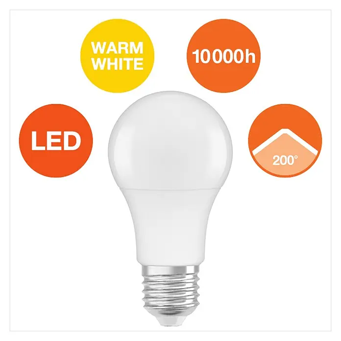 Osram LED-Lampen Set Glühlampenform E27 matt - E27, Nicht Dimmbar, Warmweiß, 806 lm, 9 W, 3 Stk. - Eine weiße LED-Glühbirne mit warmweißem Licht, 10000h Lebensdauer und einem Abstrahlwinkel von 200 Grad, die eine effiziente Beleuchtung bietet.