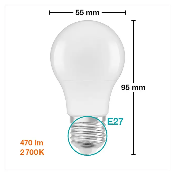 Osram Star Bombilla LED Classic A 40 - E27, No regulable, Blanco cálido, 470 lm, 5,5 W - Imagen del producto de una bombilla LED E27 con 470 lm de flujo luminoso y una temperatura de color de 2700 K, dimensiones: 55 mm de diámetro y 95 mm de altura.