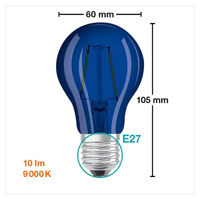 Osram Star LED-Lampe Glühlampenform E27 matt - E27, Nicht Dimmbar, Blau, 10 lm, 2,5 W, Farbe: Blau - Blaue E27 LED-Glühbirne mit 10 lm und 9000 K, Abmessungen 60 mm x 105 mm, ideal für dekorative Beleuchtung und stimmungsvolle Akzente.