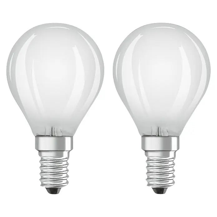 Osram Retrofit LED-Lampen Set Tropfenform E14 matt - E14, Nicht Dimmbar, Warmweiß, 470 lm, 4 W, Matt - Zwei Osram Tropfenlampen mit E14 Sockel, mattiertem Glaskolben und warmweißem Licht für eine gemütliche Atmosphäre.