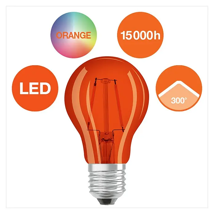 Osram Star LED-Lampe Vintage Glühlampenform E27 - E27, Nicht Dimmbar, 160 lm, 2,5 W, Farbe: Orange - Nahaufnahme einer LED-Glühbirne mit Farbfunktion, langer Lebensdauer und breitem Abstrahlwinkel. Ideal für stimmungsvolle Beleuchtung.