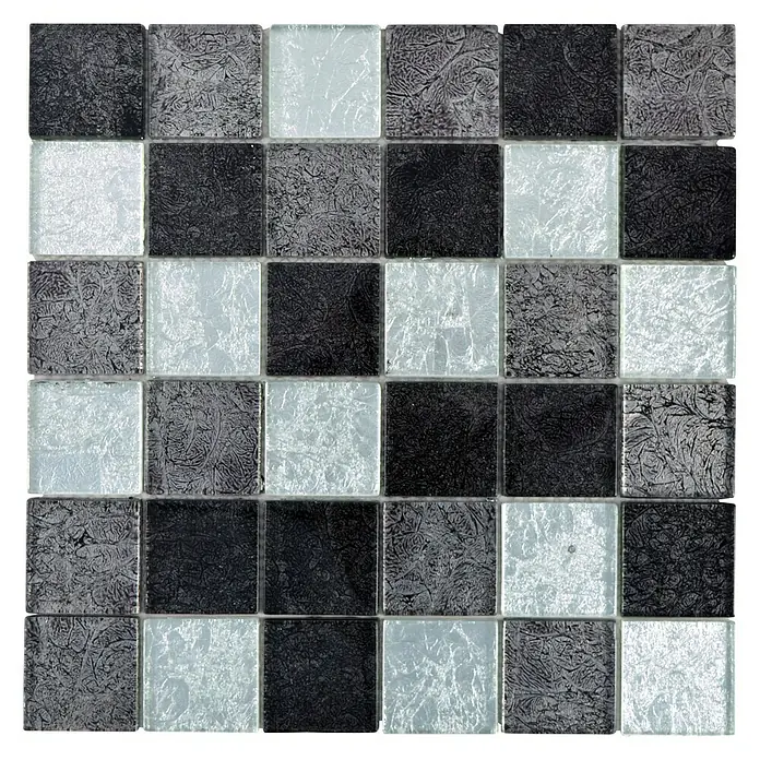 Mosaikfliese Quadrat Crystal Mix CM 4BS23 - 30 x 30 cm, Schwarz/Silber, Glänzend - Schachbrettmuster aus Glasmosaikfliesen in Schwarz, Weiß und Grau für stilvolle Wand- und Bodengestaltung.