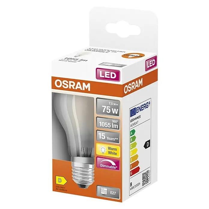 Osram Superstar Bombilla LED - E27, Intensidad regulable, Blanco cálido, 1.055 lm, 9 W, Mate - Imagen del producto de una bombilla LED Osram en su embalaje. La bombilla es regulable y tiene una vida útil de 15 años.
