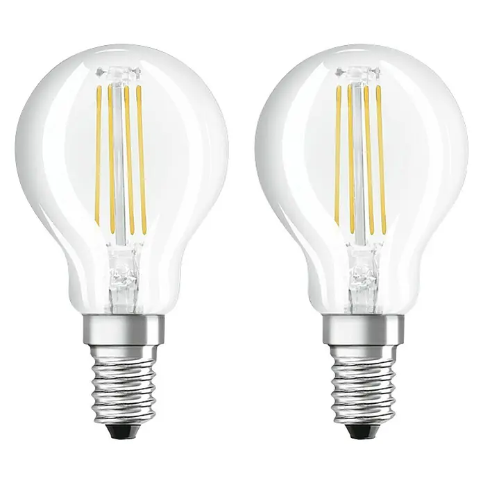 Osram Retrofit LED-Lampen Set Tropfenform E14 klar - E14, Nicht Dimmbar, Warmweiß, 470 lm, 4 W, 2 Stk. - Zwei LED-Glühbirnen mit klarem Glas und Filamenten. Die Lampen haben einen Edison-Sockel und sind auf einem schwarzen Hintergrund dargestellt.