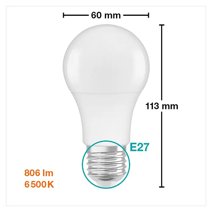 Osram Star LED-Lampe Glühlampenform E27 matt - E27, Nicht Dimmbar, Tageslichtweiß, 806 lm, 8,5 W - Abbildung einer E27 LED-Lampe mit einer Helligkeit von 806 lm und 6500K Farbtemperatur, mit den Maßen 60 mm Breite und 113 mm Höhe.