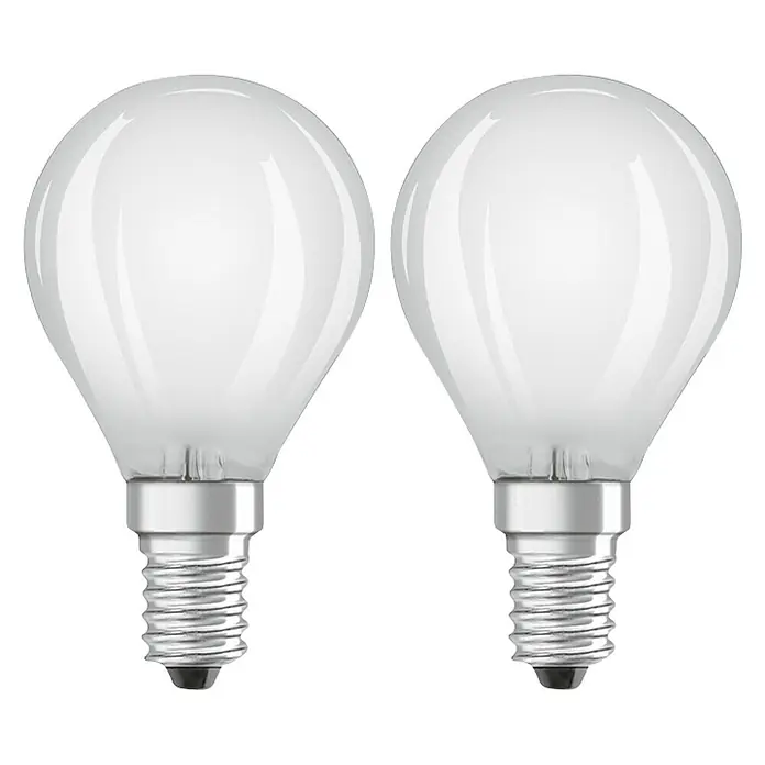 Osram Retrofit LED-Lampe Classic P - E14, Nicht Dimmbar, Warmweiß, 470 lm, 4 W, 1 Stk. - Zwei LED-Glühbirnen mit mattiertem Glas und E14-Sockel, ideal für stimmungsvolle Beleuchtung und energieeffizientes Licht.