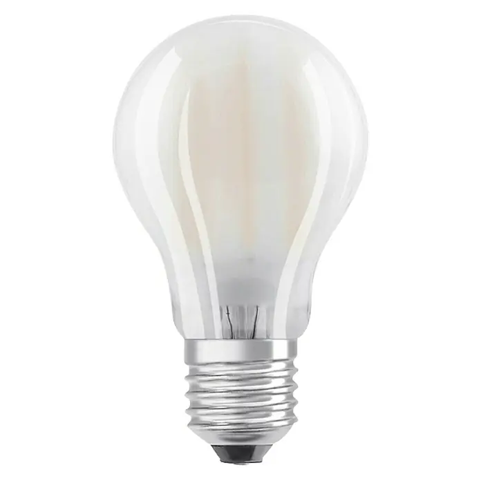 Osram Star Bombilla LED - E27, No regulable, Blanco diurno, 1.521 lm, 10 W, Mate - Primer plano de una bombilla LED con acabado mate y base E27 sobre un fondo negro. Ideal para iluminación ambiental.