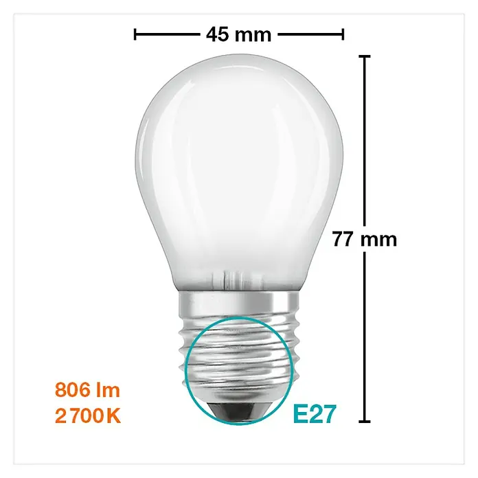 Osram Retrofit Bombilla LED Classic P 60 - E27, No regulable, Blanco cálido, 806 lm, 7 W - Una toma de primer plano de una bombilla LED E27, con una potencia de 806 lm y 2700 K, que muestra sus dimensiones con un ancho de 45 mm y una altura de 77 mm.