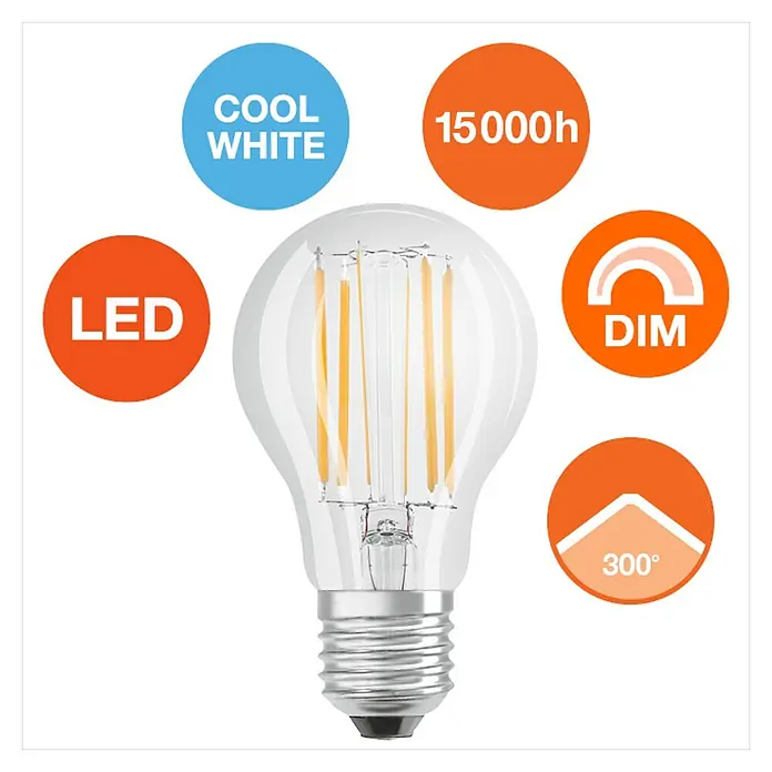 Osram Retrofit LED-Leuchtmittel Glühlampenform E27 matt - E27, Dimmbar, Kaltweiß, 1.055 lm, 9 W - Nahaufnahme einer LED-Lampe mit Filamenten, die kühles weißes Licht erzeugt, dimmbar ist und eine Lebensdauer von 15000 Stunden hat.