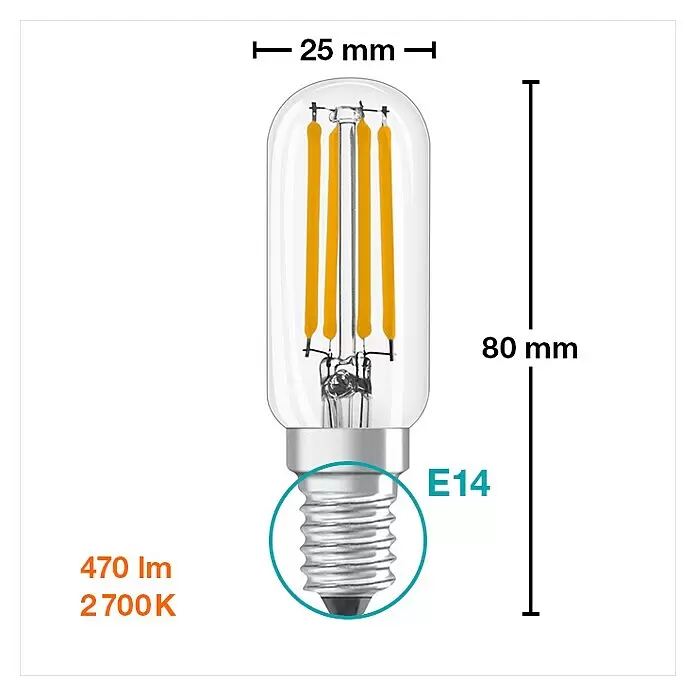 Osram Bombilla LED Special T26 - E14, No regulable, Blanco cálido, 470 lm, 4 W - Bombilla LED de filamento E14 con cristal transparente y filamentos naranjas, 25x80 mm.