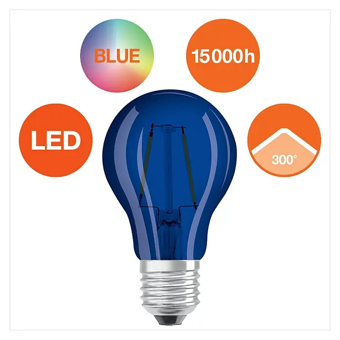 Osram Star LED-Lampe Glühlampenform E27 matt - E27, Nicht Dimmbar, Blau, 10 lm, 2,5 W, Farbe: Blau - Blaue LED-Filamentlampe mit einer Lebensdauer von 15.000 Stunden und einem Abstrahlwinkel von 300 Grad.