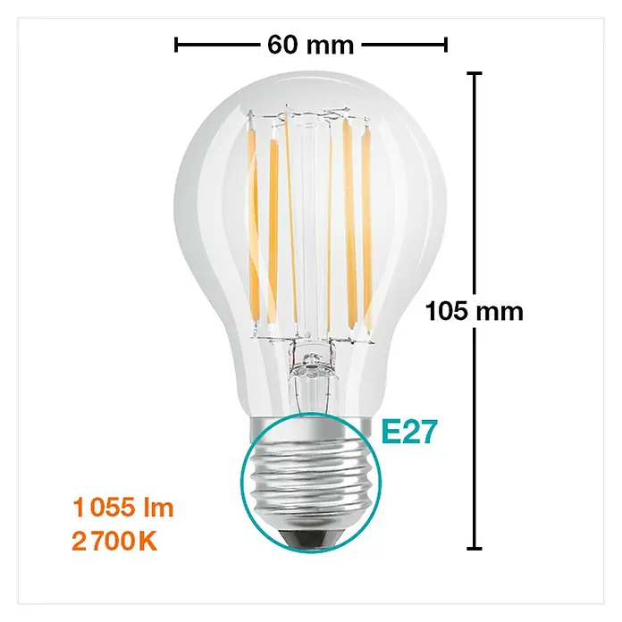 Osram LED-Lampe Glühlampenform E27 - E27, Nicht Dimmbar, Warmweiß, 1.055 lm, 7,5 W - Produktbild einer LED-Lampe, A60, E27 Sockel, 1055 Lumen, 2700K, Abmessungen: 60mm Breite, 105mm Höhe.
