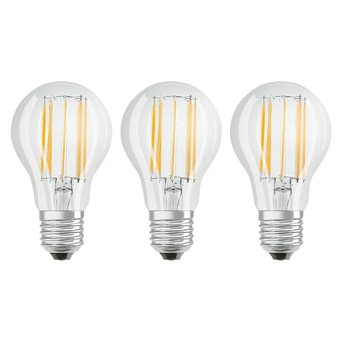 Osram LED-Lampen Set Glühlampenform E27 klar - E27, Nicht Dimmbar, Warmweiß, 1.521 lm, 11 W, Klar - Drei LED-Filament-Glühbirnen im A60-Design, ideal für stimmungsvolle Beleuchtung und Energieeinsparung.