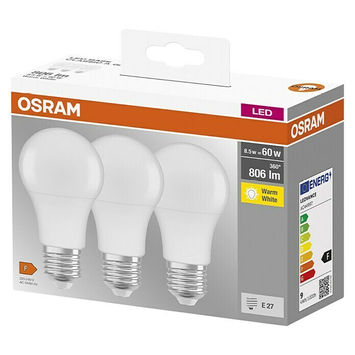 Osram LED-Leuchtmittel Classic A60 (3 Stk., 9 W, E27, Warmweiß, Energieeffizienzklasse: A+)