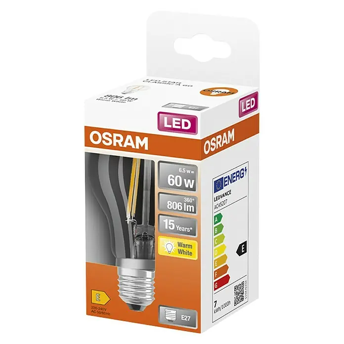 Osram LED-Lampe Glühlampenform E27 - E27, Nicht Dimmbar, Warmweiß, 806 lm, 6,5 W - Produktfoto einer OSRAM LED-Lampe mit 60W Leistung, warmweißem Licht und E27-Sockel in Originalverpackung.