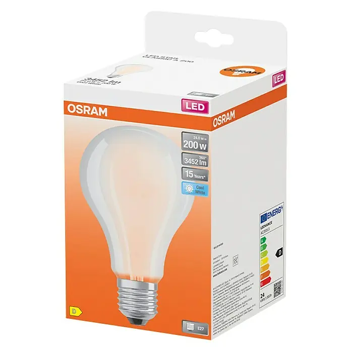 Osram LED-Lampe Glühlampenform E27 matt - E27, Nicht Dimmbar, Kaltweiß, 3.452 lm, 24 W - Eine LED-Lampe von Osram in einer Verpackung. Sie ist dimmbar, hat 200 Watt und leuchtet in einem kühlen Weiß.