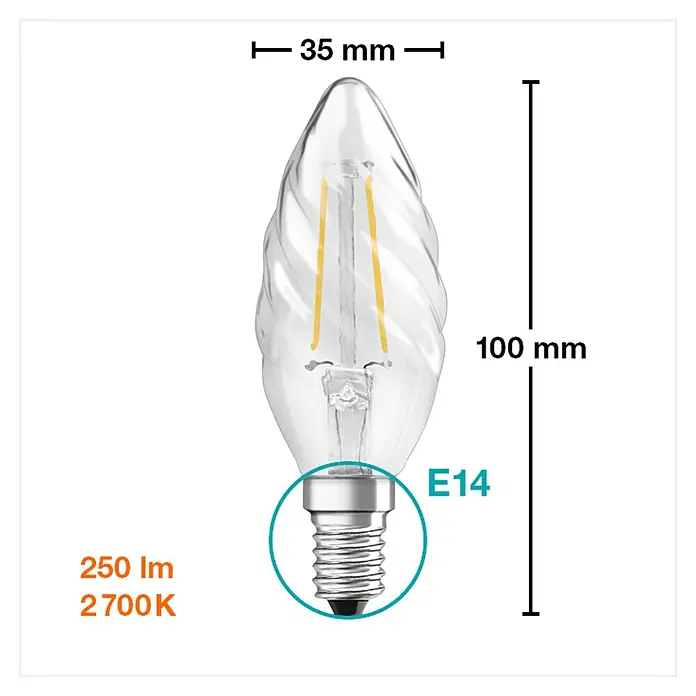 Osram Bombilla LED Retrofit Classic BW - E14, No regulable, Blanco cálido, 230 lm, 2 W - Imagen del producto de una lámpara LED con base E14, 250 lúmenes y 2700K, dimensiones: 35 mm de ancho y 100 mm de alto.