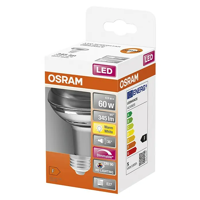 Osram Star Bombilla LED R63 - E27, Intensidad regulable, Blanco cálido, 345 lm, 5,9 W - Primer plano de una bombilla Osram LED Superstar en su embalaje, destacando detalles como el vataje y los lúmenes.