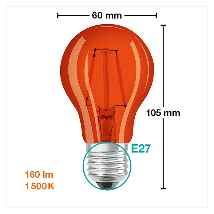 Osram Star LED-Lampe Vintage Glühlampenform E27 - E27, Nicht Dimmbar, 160 lm, 2,5 W, Farbe: Orange - Abbildung einer orangefarbenen E27-Glühbirne mit den Maßen 60 mm Breite und 105 mm Höhe, 160 lm und 1500 K.