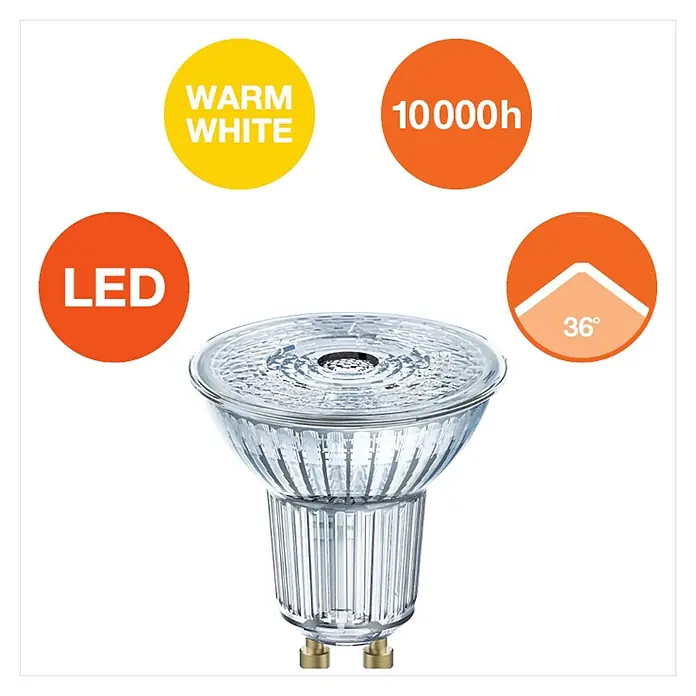 Osram LED-Lampen Set Reflektor GU10 - GU10, Nicht Dimmbar, Warmweiß, 230 lm, 2,6 W, 5 Stk. - Produktbild einer klaren GU10 LED Lampe, die warmweißes Licht ausstrahlt und eine Lebensdauer von 10000 Stunden hat, mit einem Abstrahlwinkel von 36 Grad.