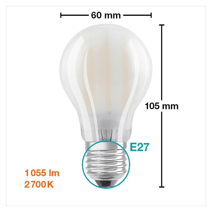 Osram Retrofit LED žarulja Retrofit Classic  (E27, Bez prigušivanja, Topla bijela, 1.055 lm, 8 W) | BAUHAUS