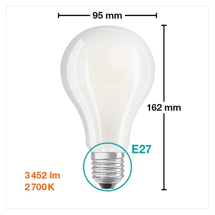 Osram LED-Lampe Glühlampenform E27 matt - E27, Nicht Dimmbar, Warmweiß, 3.452 lm, 24 W - Produktbild einer E27 LED-Lampe mit den Maßen 95 mm Durchmesser und 162 mm Höhe sowie den Angaben 3452 lm und 2700 K.