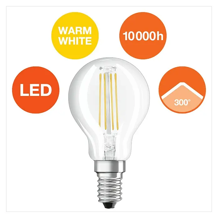 Osram Retrofit LED-Lampe Tropfenform E14 klar - E14, Nicht Dimmbar, Warmweiß, 470 lm, 4 W, 5 Stk. - LED-Filamentlampe mit warmweißem Licht, 10000 Stunden Lebensdauer und 300° Abstrahlwinkel für eine angenehme Beleuchtung.