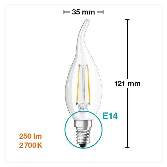 Osram Bombilla LED Retrofit Classic BA - E14, No regulable, Blanco cálido, 230 lm, 2 W - Imagen de una bombilla LED transparente en forma de vela que muestra dimensiones de 35 mm de ancho y 121 mm de altura, base E14, 250 lúmenes y 2700K.