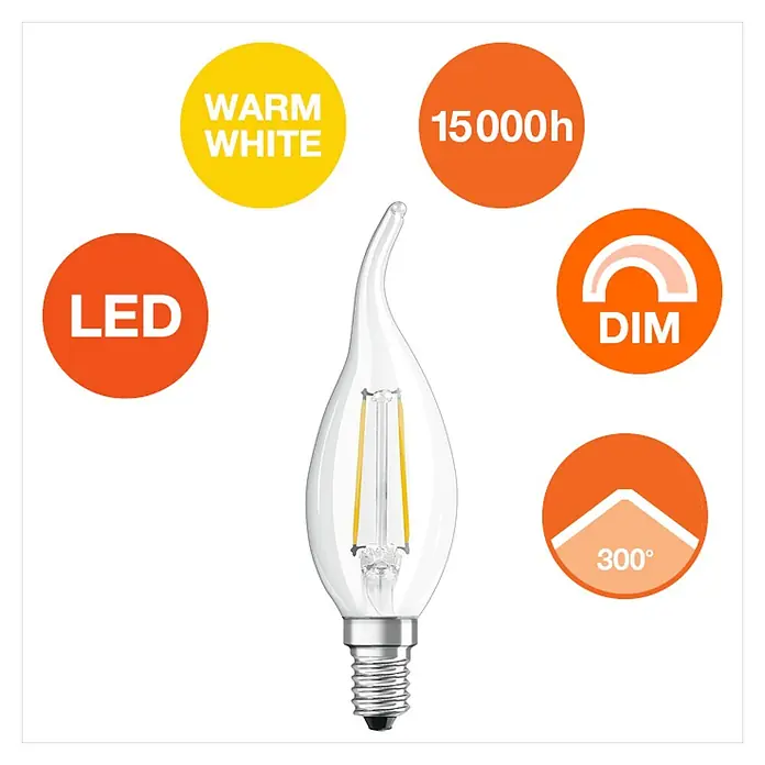 Osram Superstar LED-Lampe Kerzenform E14 klar - E14, Dimmbar, Warmweiß, 470 lm, 5 W - LED-Filament-Glühbirne im Kerzendesign mit warmweißem Licht, dimmbar und einer Lebensdauer von 15000 Stunden.