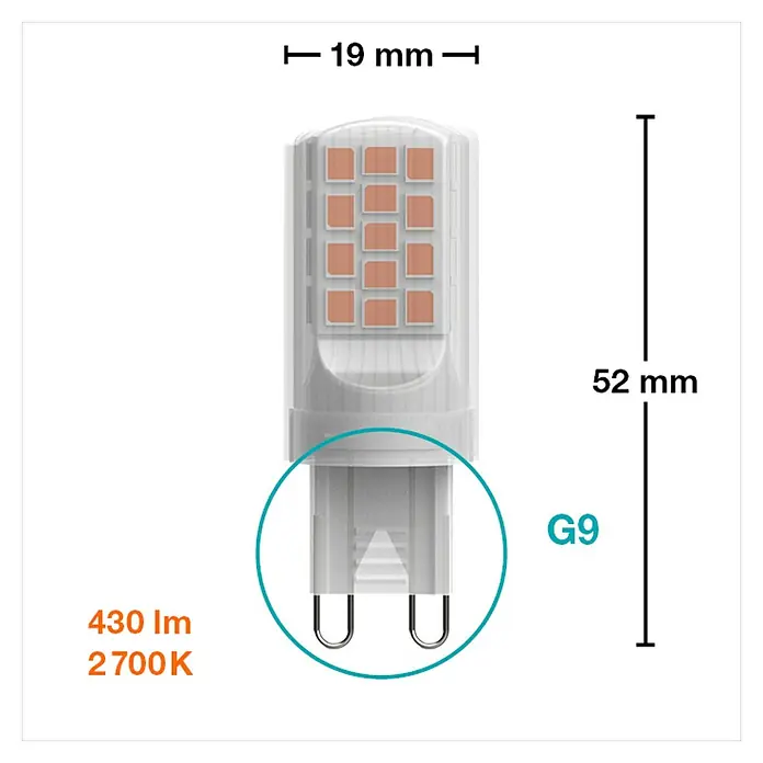 Osram LED-Lampe Pin G9 - G9, Nicht Dimmbar, Warmweiß, 430 lm, 42 W - Bild einer LED-Lampe vom Typ G9 mit den Maßen 19 mm Breite und 52 mm Länge, gekennzeichnet mit 430 lm und 2700 K.