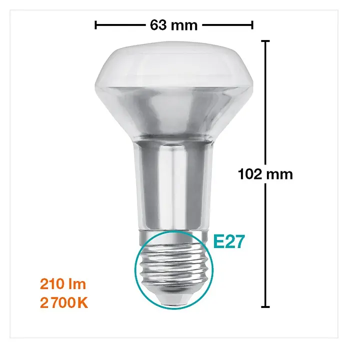 Osram Star Bombilla LED Retrofit R63 - E27, No regulable, Blanco cálido, 210 lm, 2,6 W - Imagen del producto de una lámpara reflectora LED E27 con unas dimensiones de 63 mm de diámetro y 102 mm de longitud. La intensidad luminosa es de 210 lm a 2700 K.