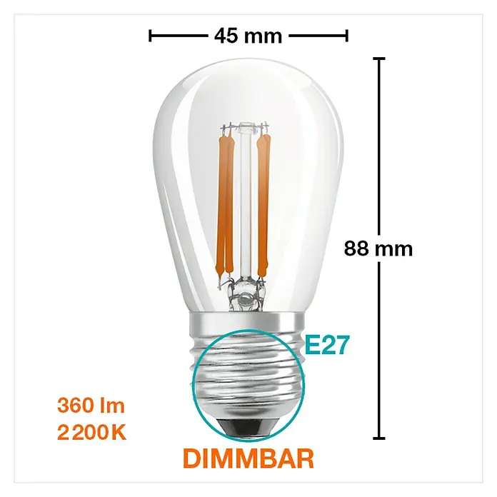 Osram LED-Lampe Vintage Glühlampenform E27 - E27, Dimmbar, Warmweiß, 360 lm, 4,8 W - Produktabbildung einer E27 LED-Glühbirne, klar, 45 mm breit und 88 mm hoch, mit 360 lm und 2200 K, dimmbar.