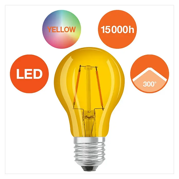 Osram Star LED-Lampe Glühlampenform E27 matt - E27, Nicht Dimmbar, Gelb, 235 lm, 2,5 W, Farbe: Gelb - Gelbe LED-Glühbirne mit 15000 Stunden Lebensdauer, 300 Grad Abstrahlwinkel und gelbem Licht für stimmungsvolle Beleuchtung.