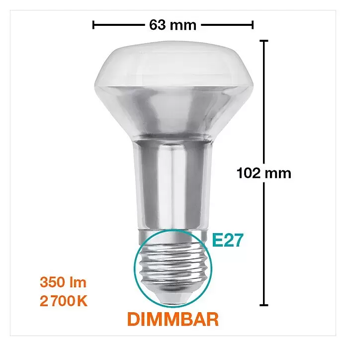 Osram Star Bombilla LED R63 - E27, Intensidad regulable, Blanco cálido, 345 lm, 5,9 W - Bombilla LED reflectora E27 regulable, 63x102mm, 350lm, 2700K.