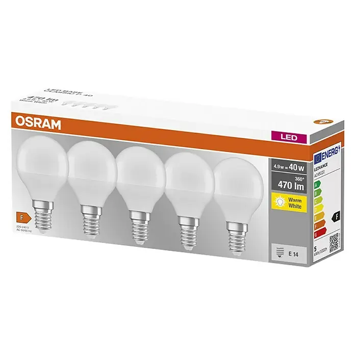 Osram LED-Lampen Set Tropfenform E14 matt - E14, Nicht Dimmbar, Warmweiß, 470 lm, 5,7 W - Eine Packung OSRAM LED-Glühbirnen mit E14-Sockel, 4,9W Leistung, 470 Lumen Lichtstrom und warmweißem Licht, ideal für stimmungsvolle Beleuchtung.