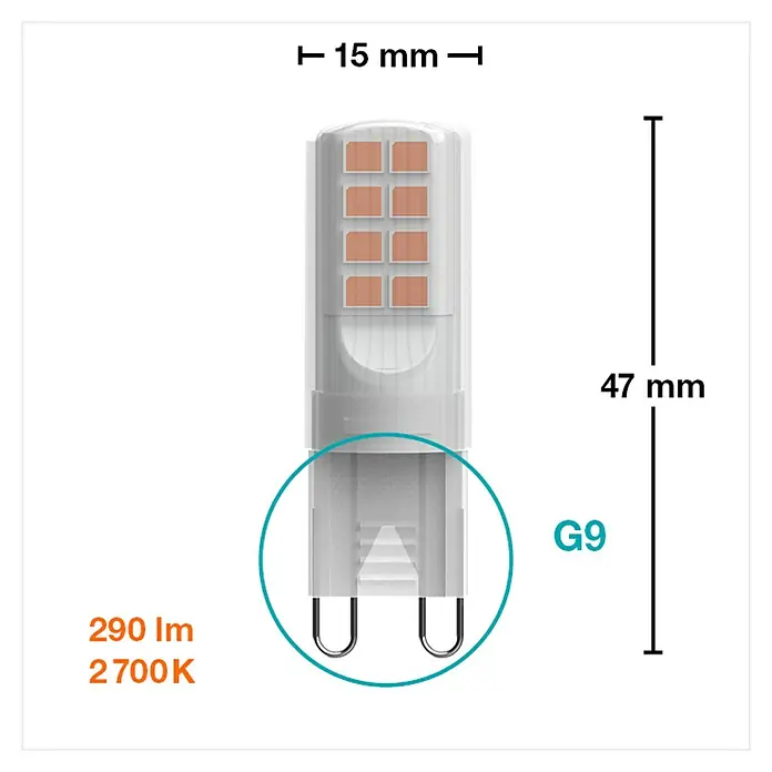Osram LED-Lampe Pin G9 - G9, Nicht Dimmbar, Warmweiß, 290 lm, 28 W - Produktbild einer G9 LED Lampe mit den Maßen 15 mm Breite und 47 mm Höhe, 290 lm und 2700K Farbtemperatur.