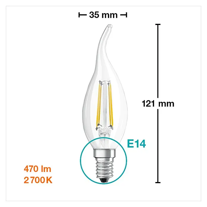 Osram Bombilla LED Retrofit Classic BA - E14, No regulable, Blanco cálido, 470 lm, 4 W - Imagen del producto de una bombilla LED E14 en forma de vela con dimensiones de 35 mm de ancho y 121 mm de altura, flujo luminoso de 470 lm y temperatura de color de 2700K.