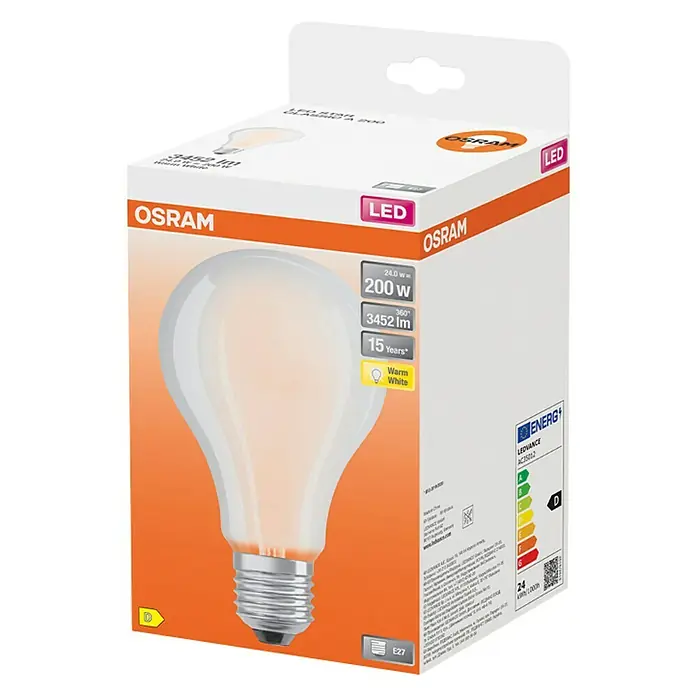 Osram LED-Lampe Glühlampenform E27 matt - E27, Nicht Dimmbar, Warmweiß, 3.452 lm, 24 W - Nahaufnahme einer Osram LED-Lampe in einer orangefarbenen Verpackung. Die Lampe ist warmweiß und hat eine Lebensdauer von 15 Jahren.