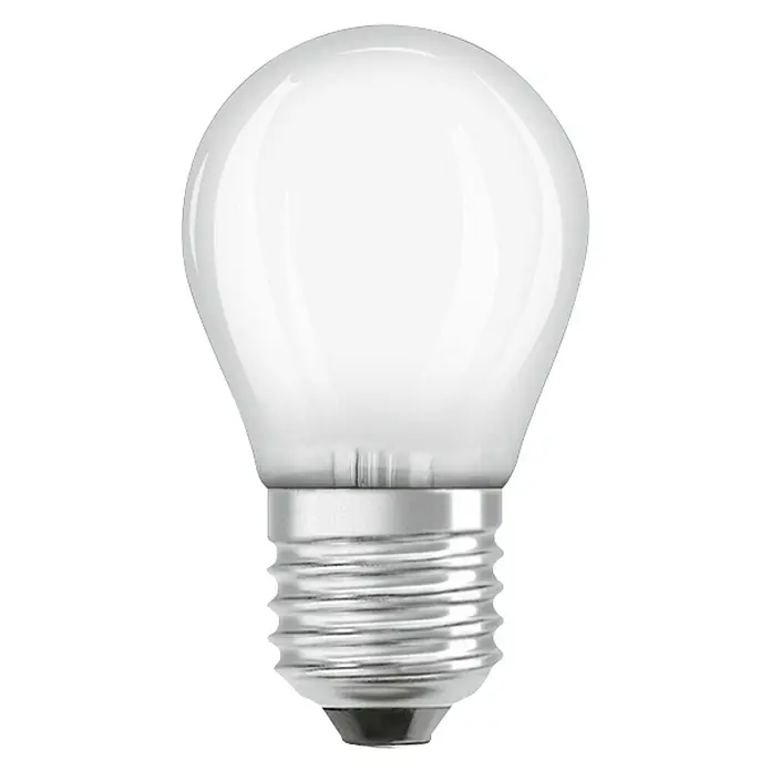 Osram Retrofit Bombilla LED Classic P 60 - E27, No regulable, Blanco cálido, 806 lm, 7 W - Primer plano de una bombilla mate redonda con base E27, ideal para iluminación decorativa y crear acentos ambientales en espacios interiores.